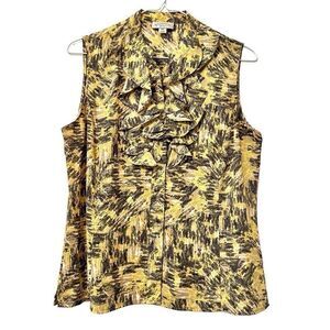 Tahari Arthur S Levine Abstract Print Ruffle Sleeveless Blouse Yellow Black PS